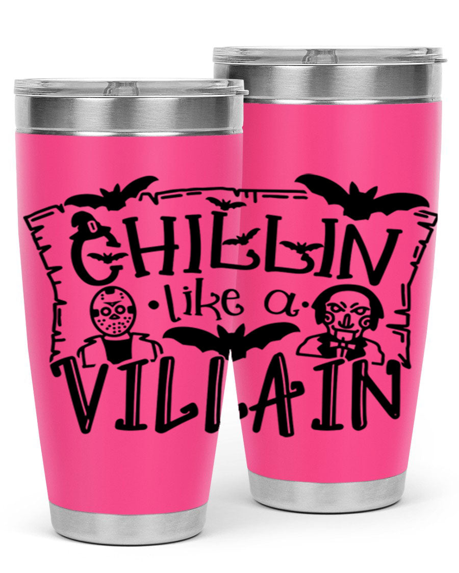 Chillin Like a Villain 82# Halloween Tumbler featuring a vibrant design, double wall vacuum stainless steel, and a drink-thru lid.