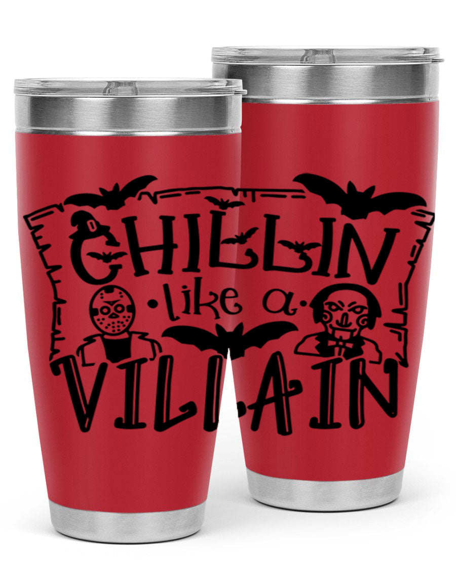 Chillin Like a Villain 82# Halloween Tumbler featuring a vibrant design, double wall vacuum stainless steel, and a drink-thru lid.