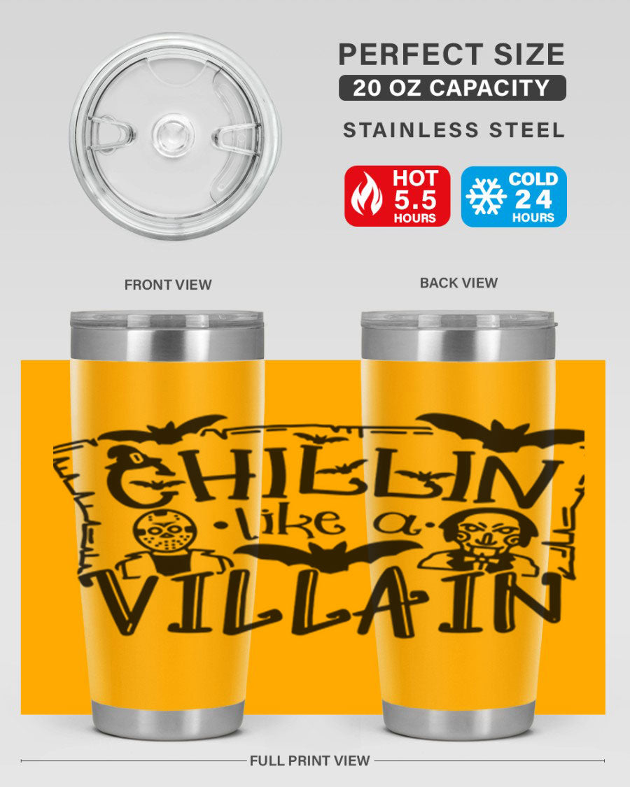 Chillin Like a Villain 82# Halloween Tumbler featuring a vibrant design, double wall vacuum stainless steel, and a drink-thru lid.