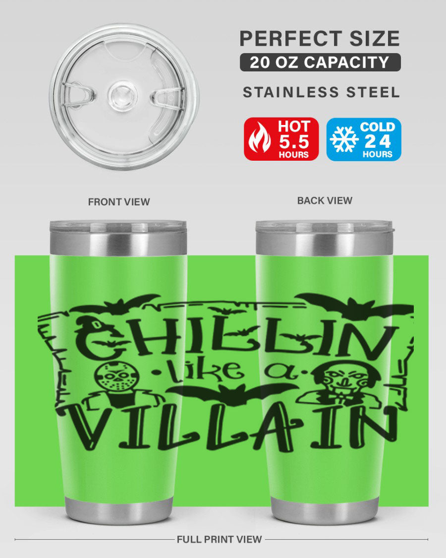 Chillin Like a Villain 82# Halloween Tumbler featuring a vibrant design, double wall vacuum stainless steel, and a drink-thru lid.