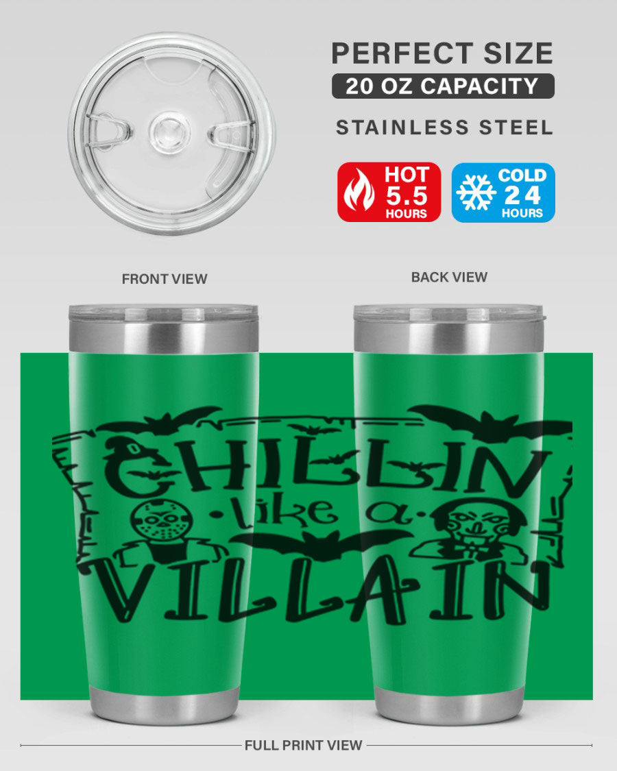 Chillin Like a Villain 82# Halloween Tumbler featuring a vibrant design, double wall vacuum stainless steel, and a drink-thru lid.