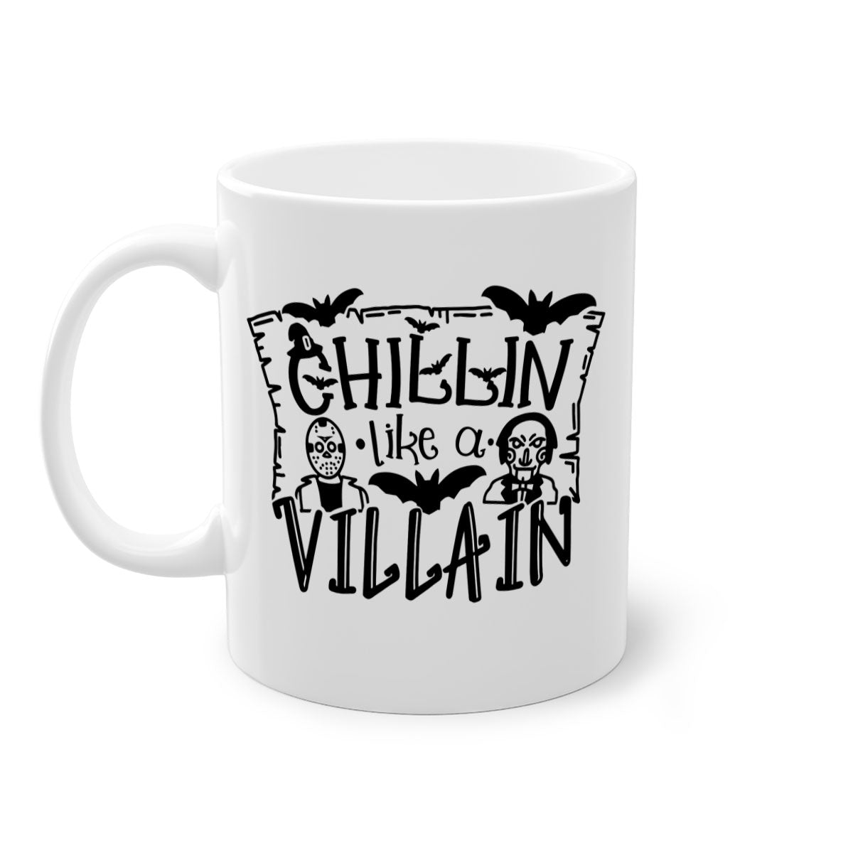 Chillin Like a Villain 82# Halloween Mug with colorful handle and glossy finish, perfect for coffee or tea.