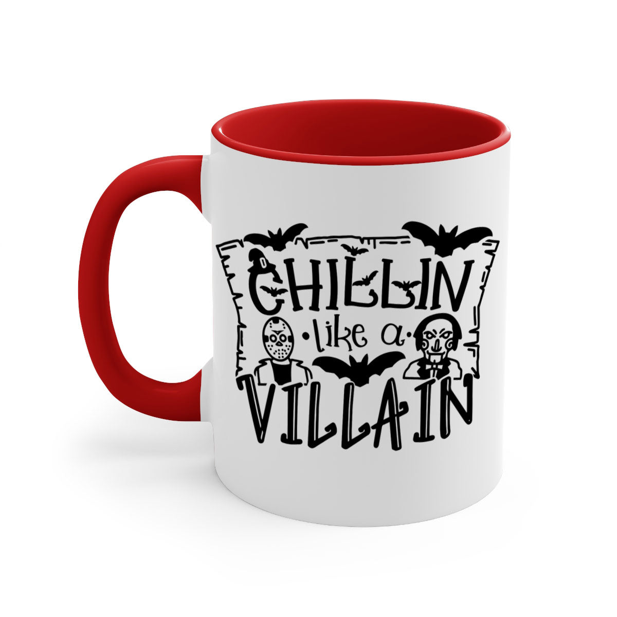 Chillin Like a Villain 82# Halloween Mug with colorful handle and glossy finish, perfect for coffee or tea.
