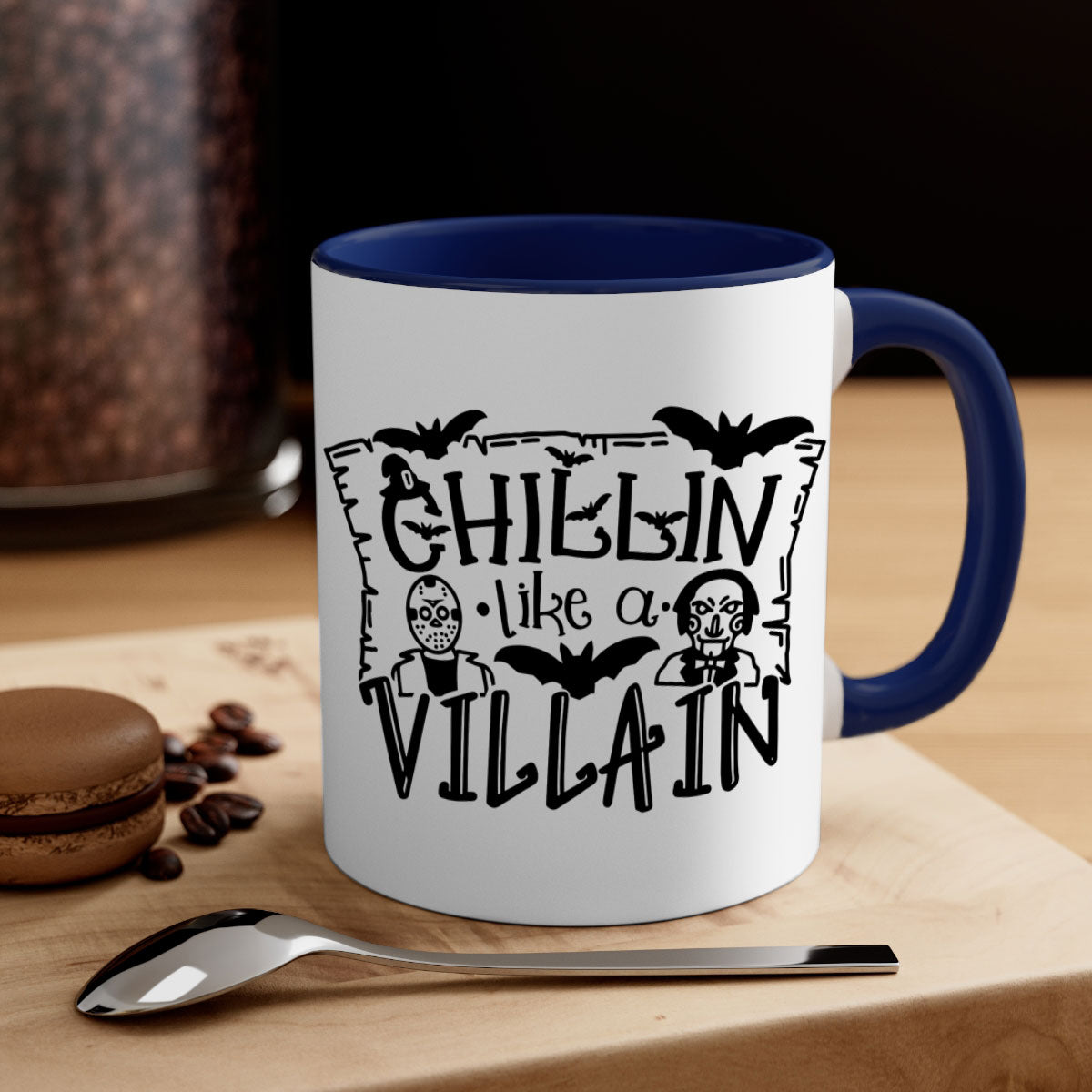 Chillin Like a Villain 82# Halloween Mug with colorful handle and glossy finish, perfect for coffee or tea.