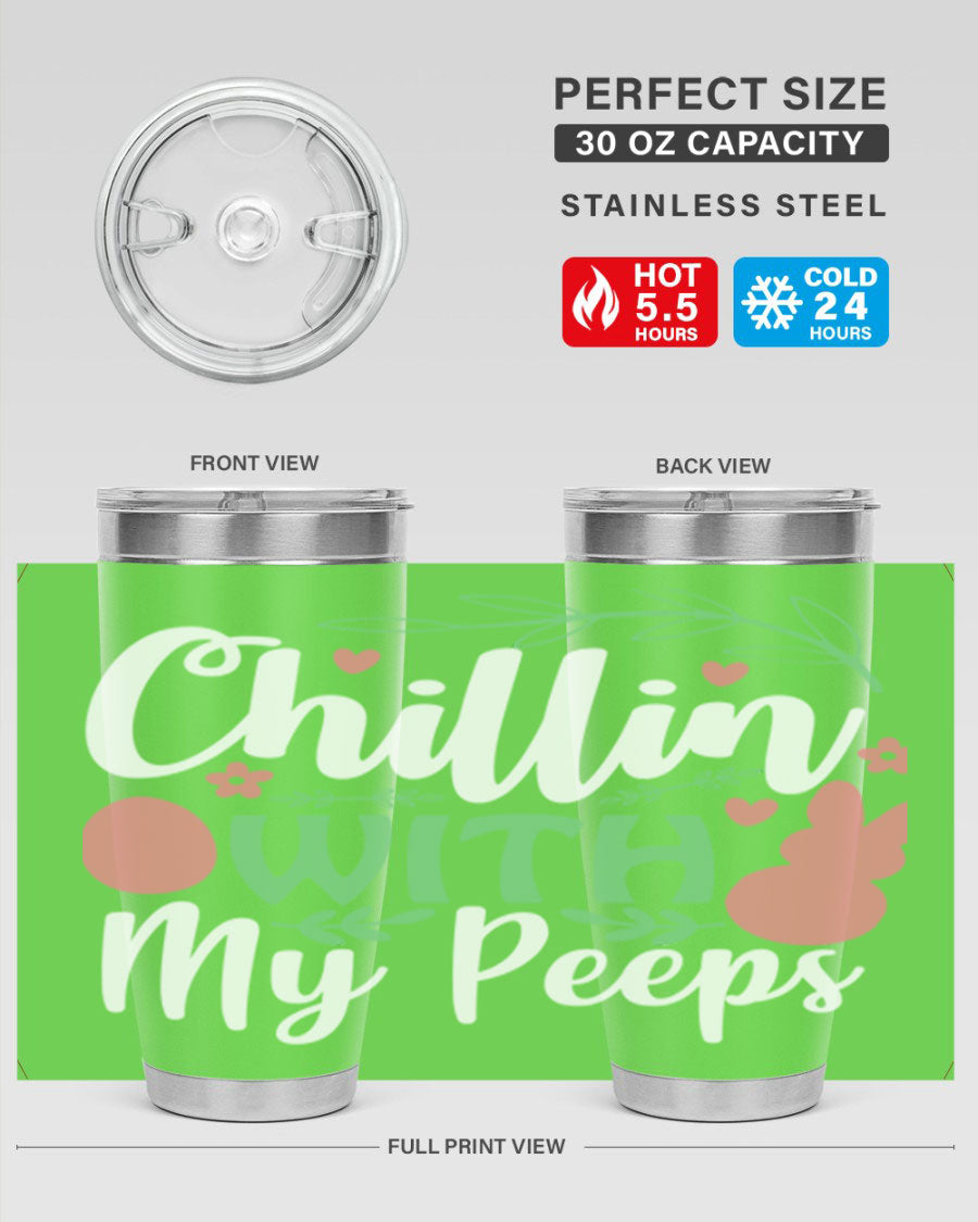 Chillin with My Peeps 20oz Tumbler featuring vibrant Easter-themed design, double wall vacuum insulation, and stainless steel construction.