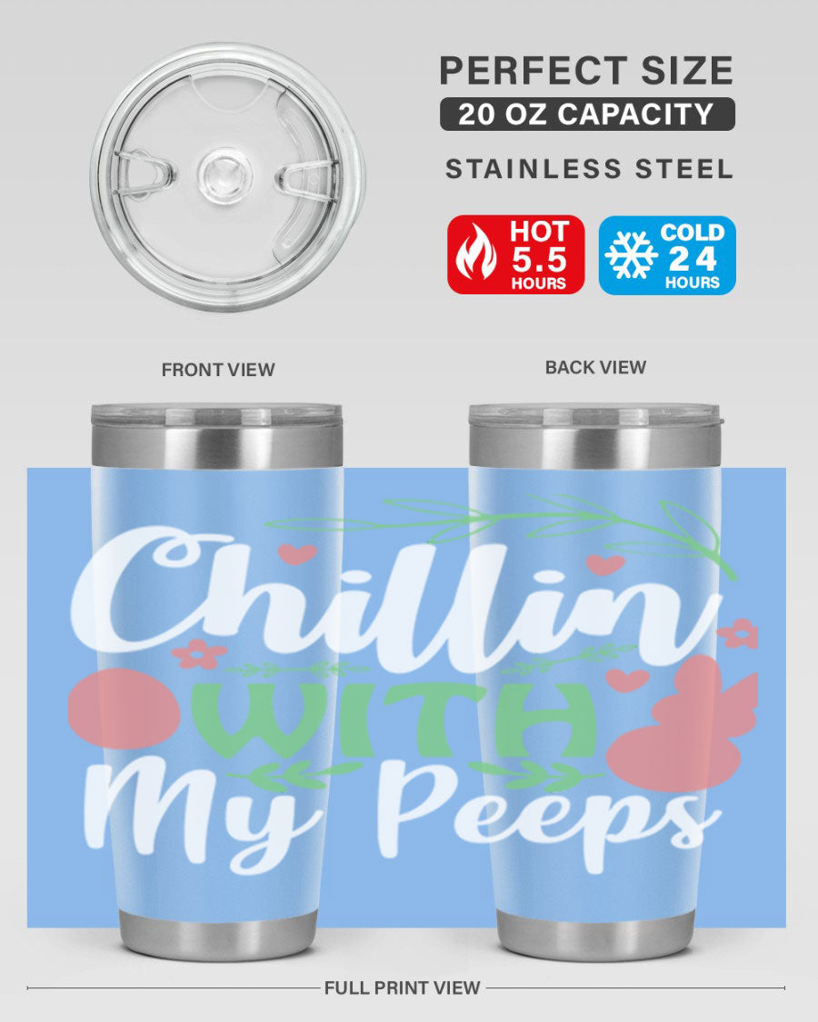 Chillin with My Peeps 20oz Tumbler featuring vibrant Easter-themed design, double wall vacuum insulation, and stainless steel construction.