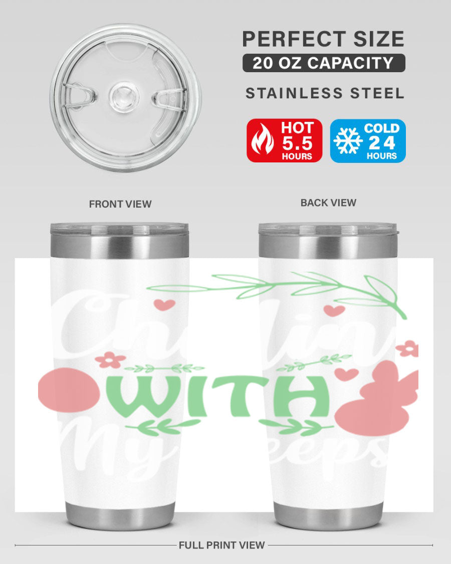 Chillin with My Peeps 20oz Tumbler featuring vibrant Easter-themed design, double wall vacuum insulation, and stainless steel construction.