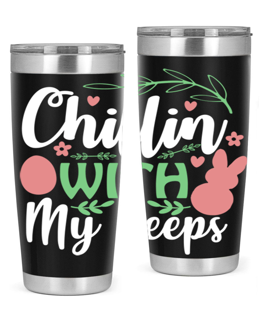 Chillin with My Peeps 20oz Tumbler featuring vibrant Easter-themed design, double wall vacuum insulation, and stainless steel construction.