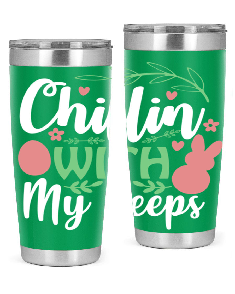Chillin with My Peeps 20oz Tumbler featuring vibrant Easter-themed design, double wall vacuum insulation, and stainless steel construction.