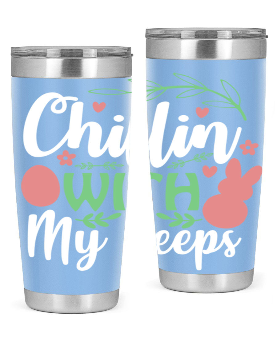 Chillin with My Peeps 20oz Tumbler featuring vibrant Easter-themed design, double wall vacuum insulation, and stainless steel construction.