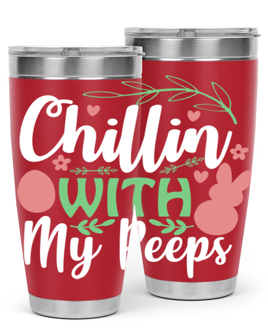 Chillin with My Peeps 20oz Tumbler featuring vibrant Easter-themed design, double wall vacuum insulation, and stainless steel construction.