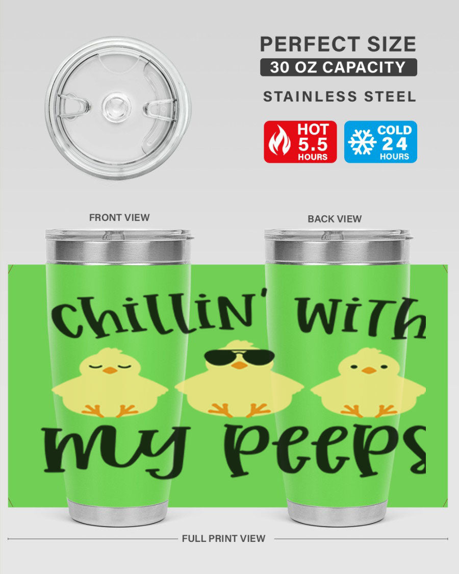 Chillin with My Pees 64# Easter Tumbler featuring double wall vacuum stainless steel and vibrant design.