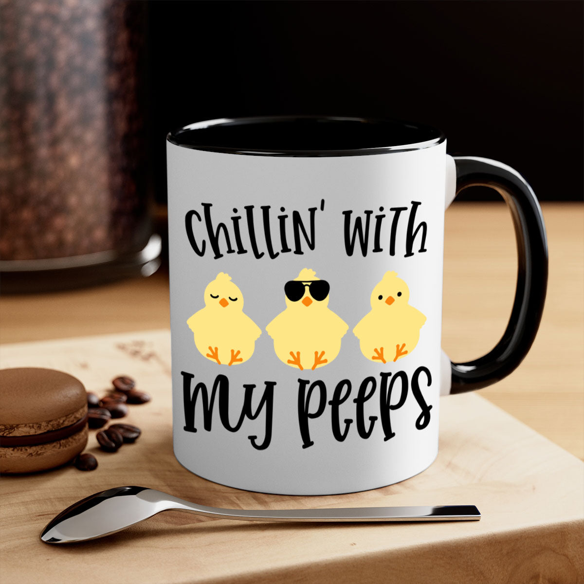 Chillin with My Pees 64# Mug featuring a two-tone design with a colored handle and glossy finish, available in multiple colors.