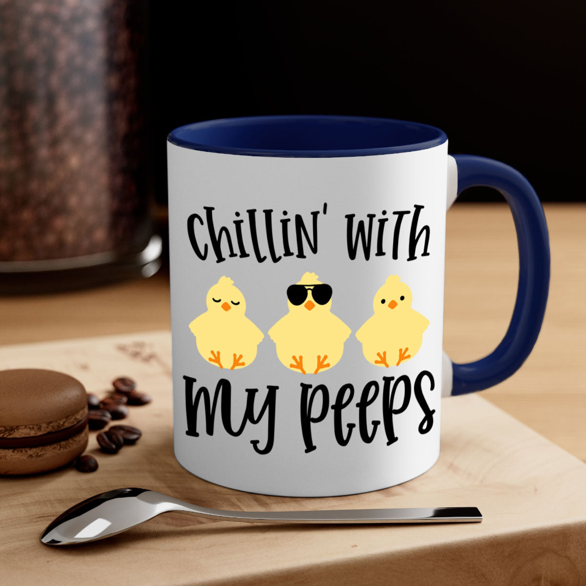 Chillin with My Pees 64# Mug featuring a two-tone design with a colored handle and glossy finish, available in multiple colors.
