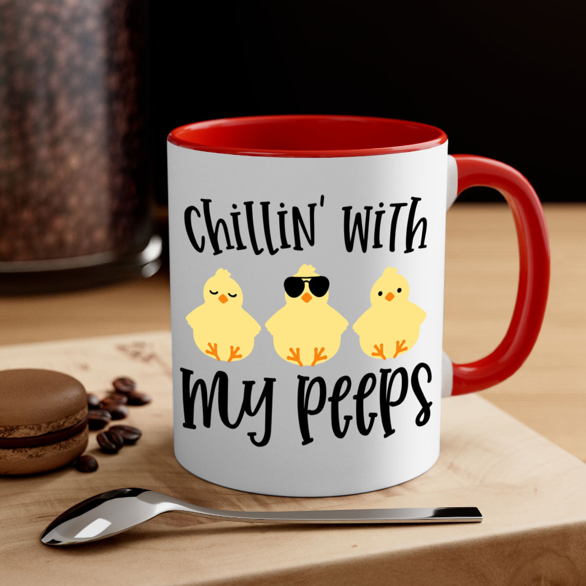 Chillin with My Pees 64# Mug featuring a two-tone design with a colored handle and glossy finish, available in multiple colors.
