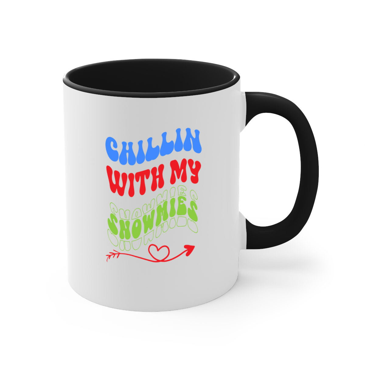 Chillin with my snowmies winter mug featuring a colorful handle and glossy finish, perfect for coffee or tea.