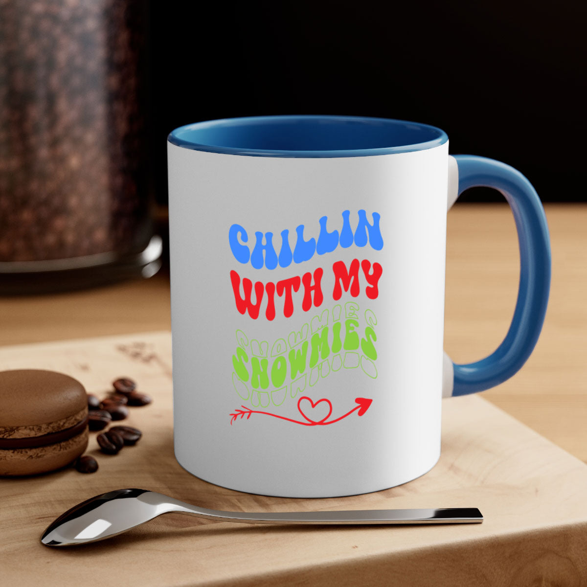 Chillin with my snowmies winter mug featuring a colorful handle and glossy finish, perfect for coffee or tea.