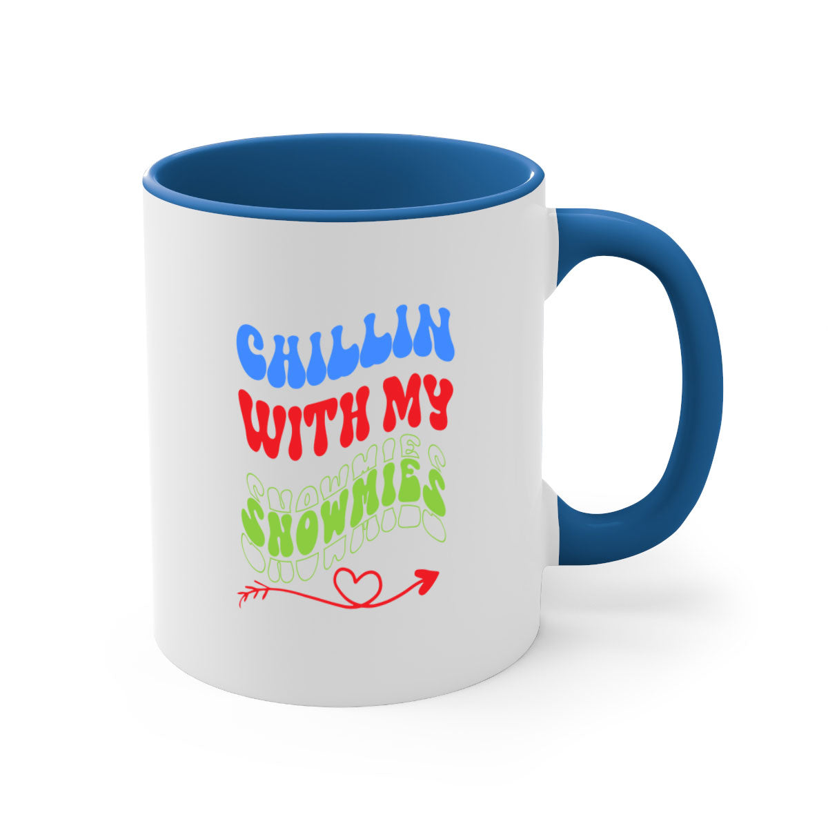 Chillin with my snowmies winter mug featuring a colorful handle and glossy finish, perfect for coffee or tea.