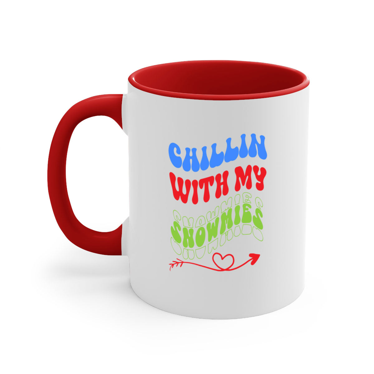 Chillin with my snowmies winter mug featuring a colorful handle and glossy finish, perfect for coffee or tea.