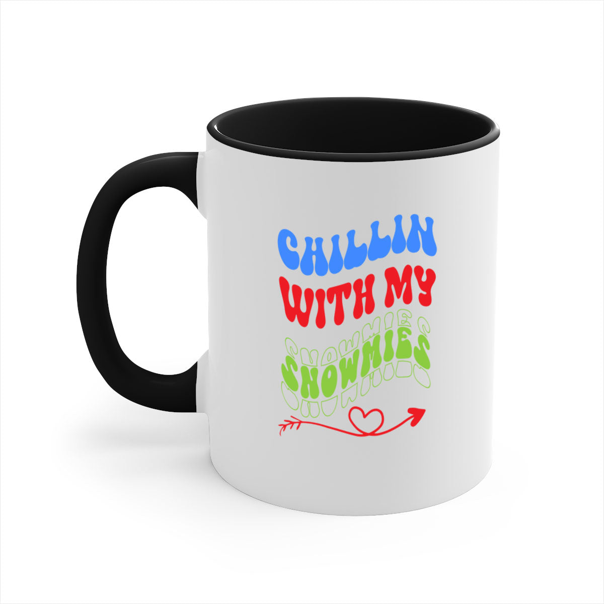 Chillin with my snowmies winter mug featuring a colorful handle and glossy finish, perfect for coffee or tea.