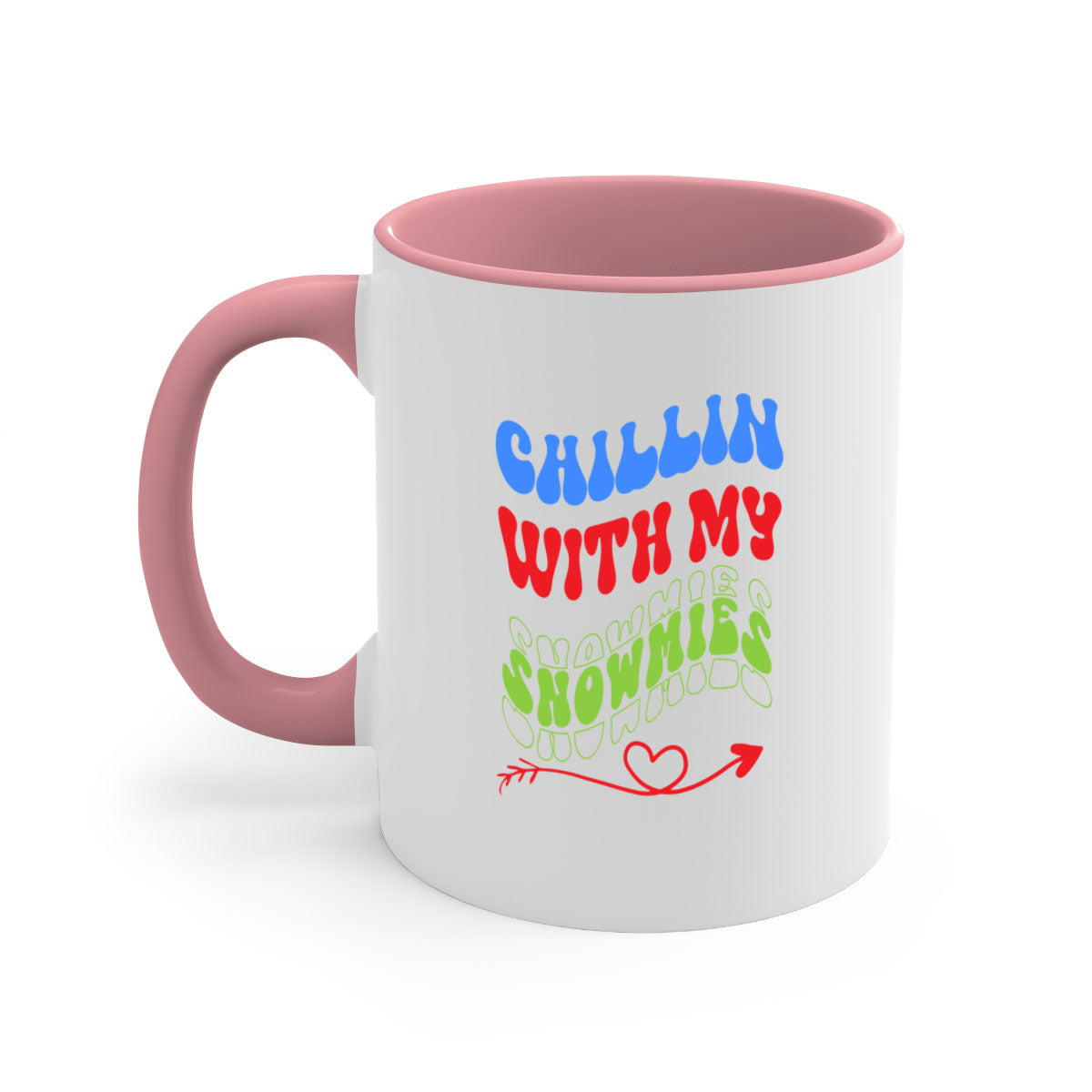 Chillin with my snowmies winter mug featuring a colorful handle and glossy finish, perfect for coffee or tea.