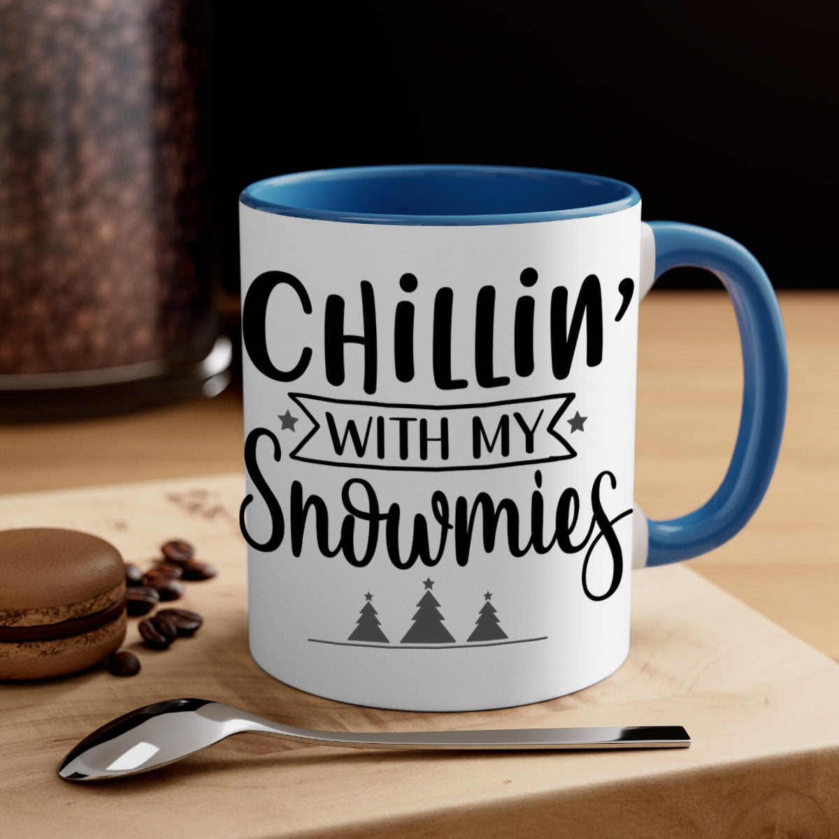 Chillin with My Snowmies Christmas Mug featuring a glossy finish, colorful handle, and festive design, perfect for holiday beverages.