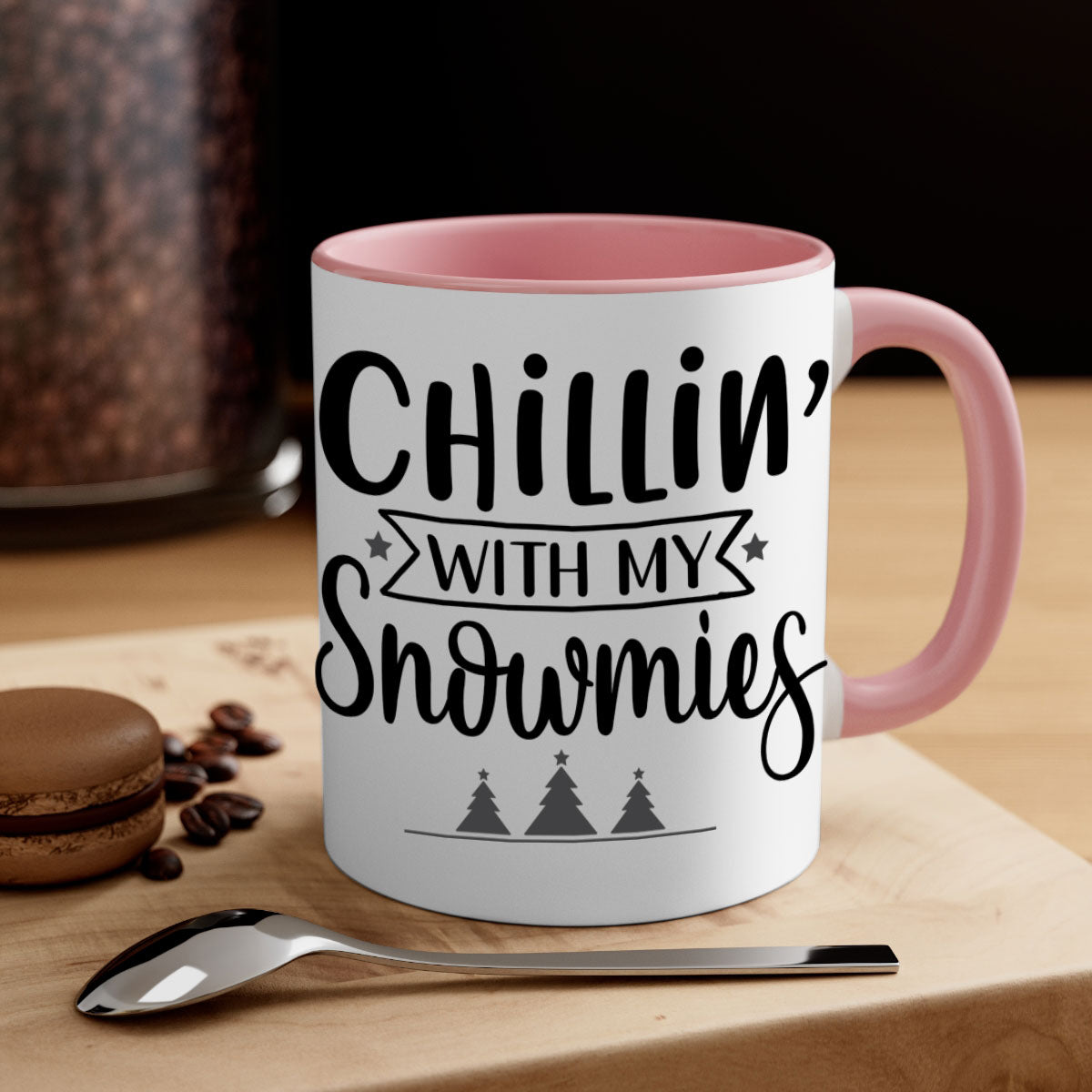 Chillin with My Snowmies Christmas Mug featuring a glossy finish, colorful handle, and festive design, perfect for holiday beverages.
