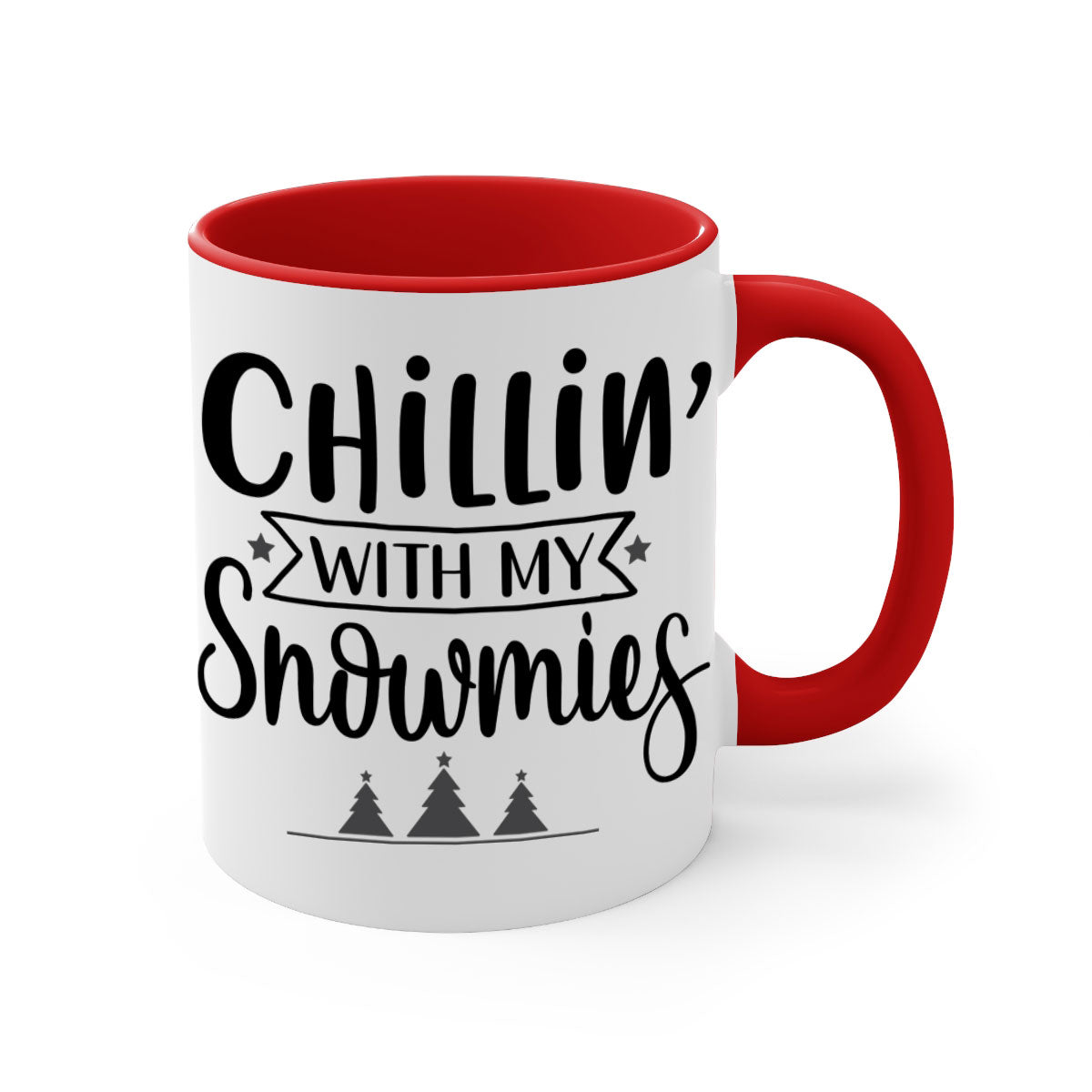 Chillin with My Snowmies Christmas Mug featuring a glossy finish, colorful handle, and festive design, perfect for holiday beverages.