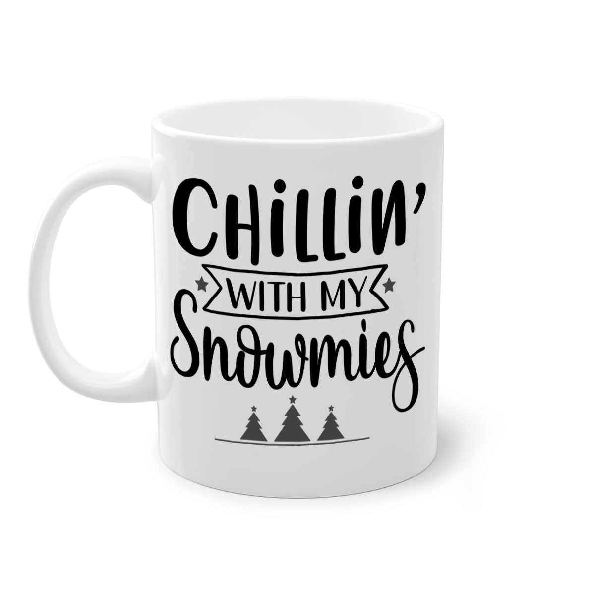 Chillin with My Snowmies Christmas Mug featuring a glossy finish, colorful handle, and festive design, perfect for holiday beverages.