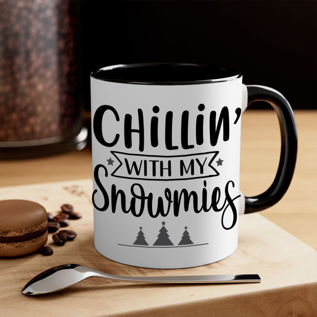 Chillin with My Snowmies Christmas Mug featuring a glossy finish, colorful handle, and festive design, perfect for holiday beverages.