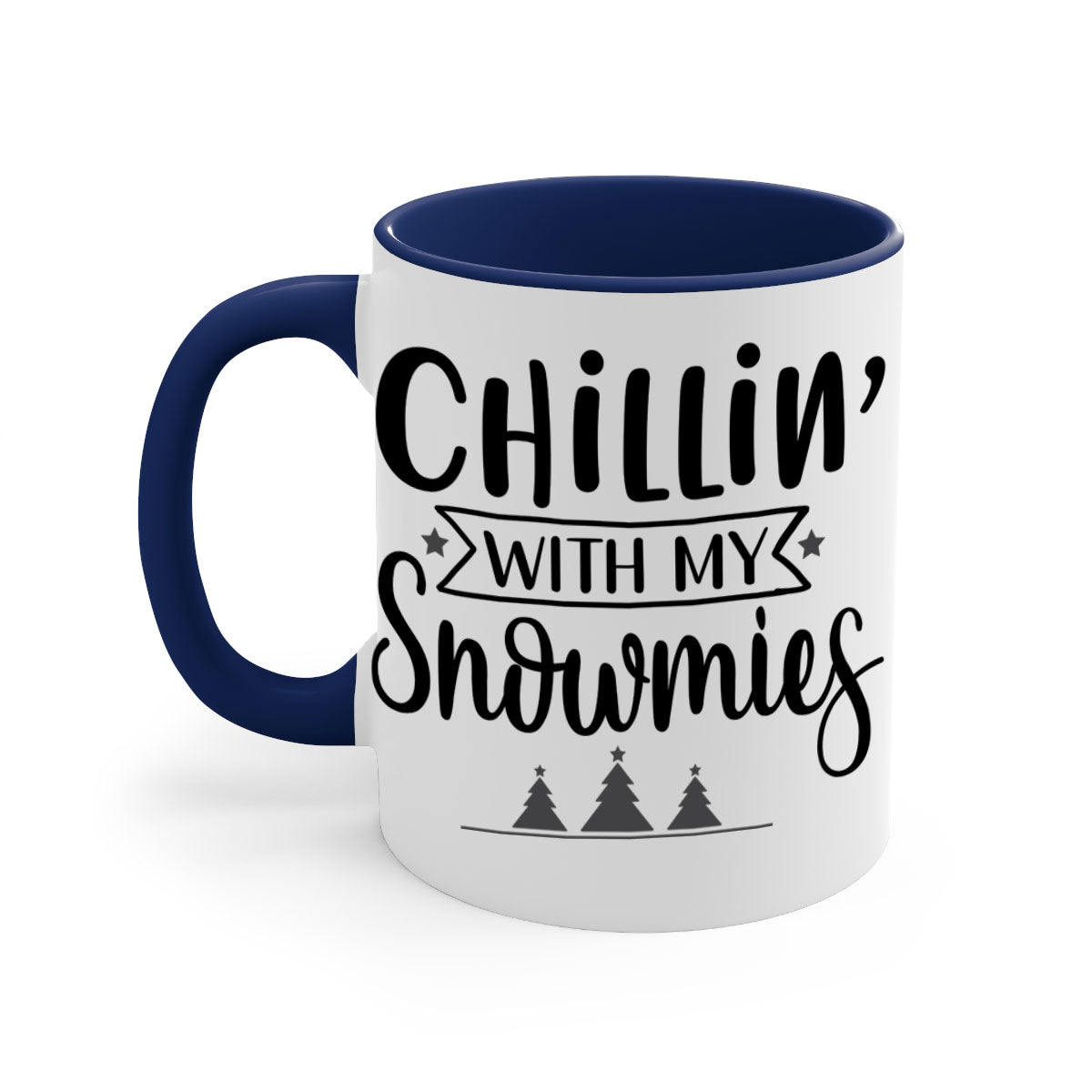 Chillin with My Snowmies Christmas Mug featuring a glossy finish, colorful handle, and festive design, perfect for holiday beverages.