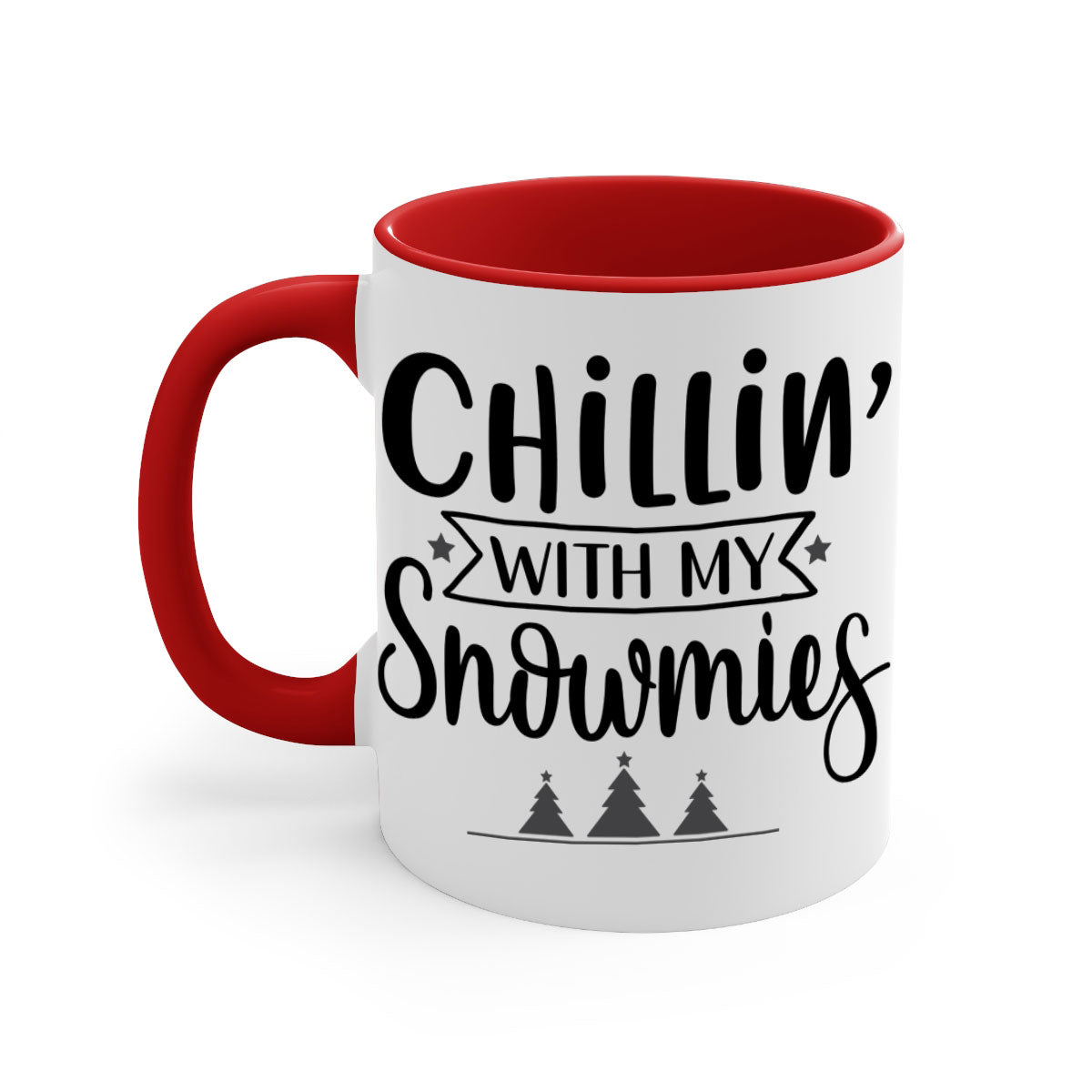 Chillin with My Snowmies Christmas Mug featuring a glossy finish, colorful handle, and festive design, perfect for holiday beverages.