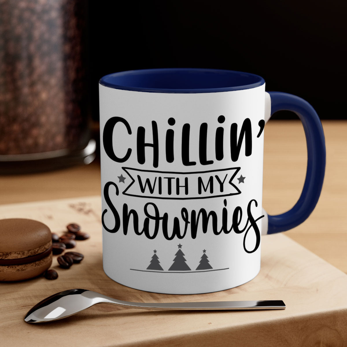Chillin with My Snowmies Christmas Mug featuring a glossy finish, colorful handle, and festive design, perfect for holiday beverages.