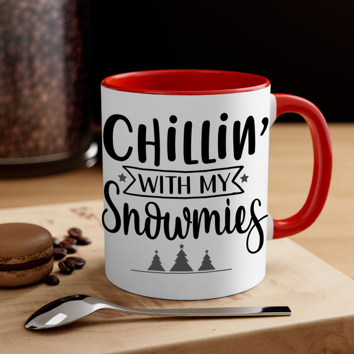 Chillin with My Snowmies Christmas Mug featuring a glossy finish, colorful handle, and festive design, perfect for holiday beverages.