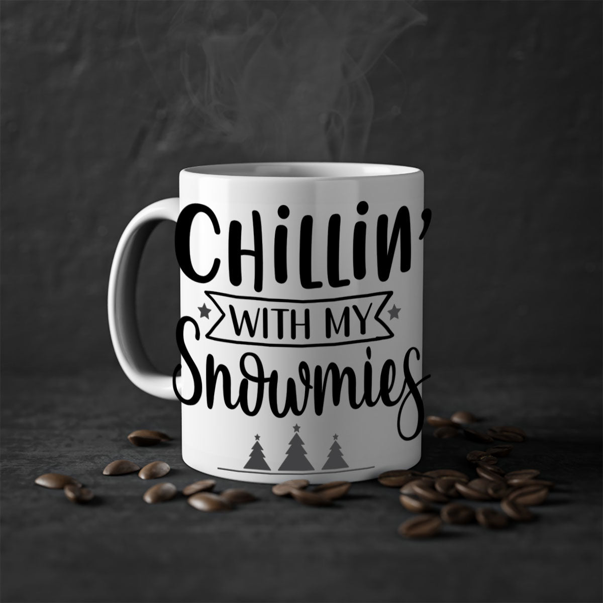 Chillin with My Snowmies Christmas Mug featuring a glossy finish, colorful handle, and festive design, perfect for holiday beverages.