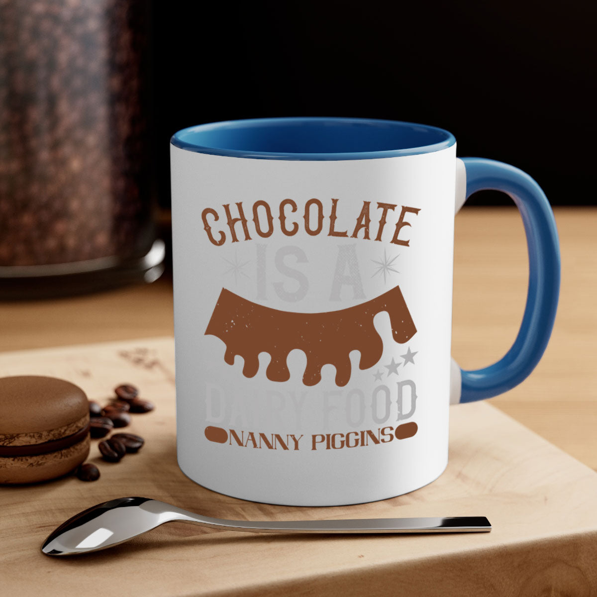 Chocolate is a Dairy Food Nanny Piggins Mug with a glossy finish and colorful handle, perfect for coffee or tea.