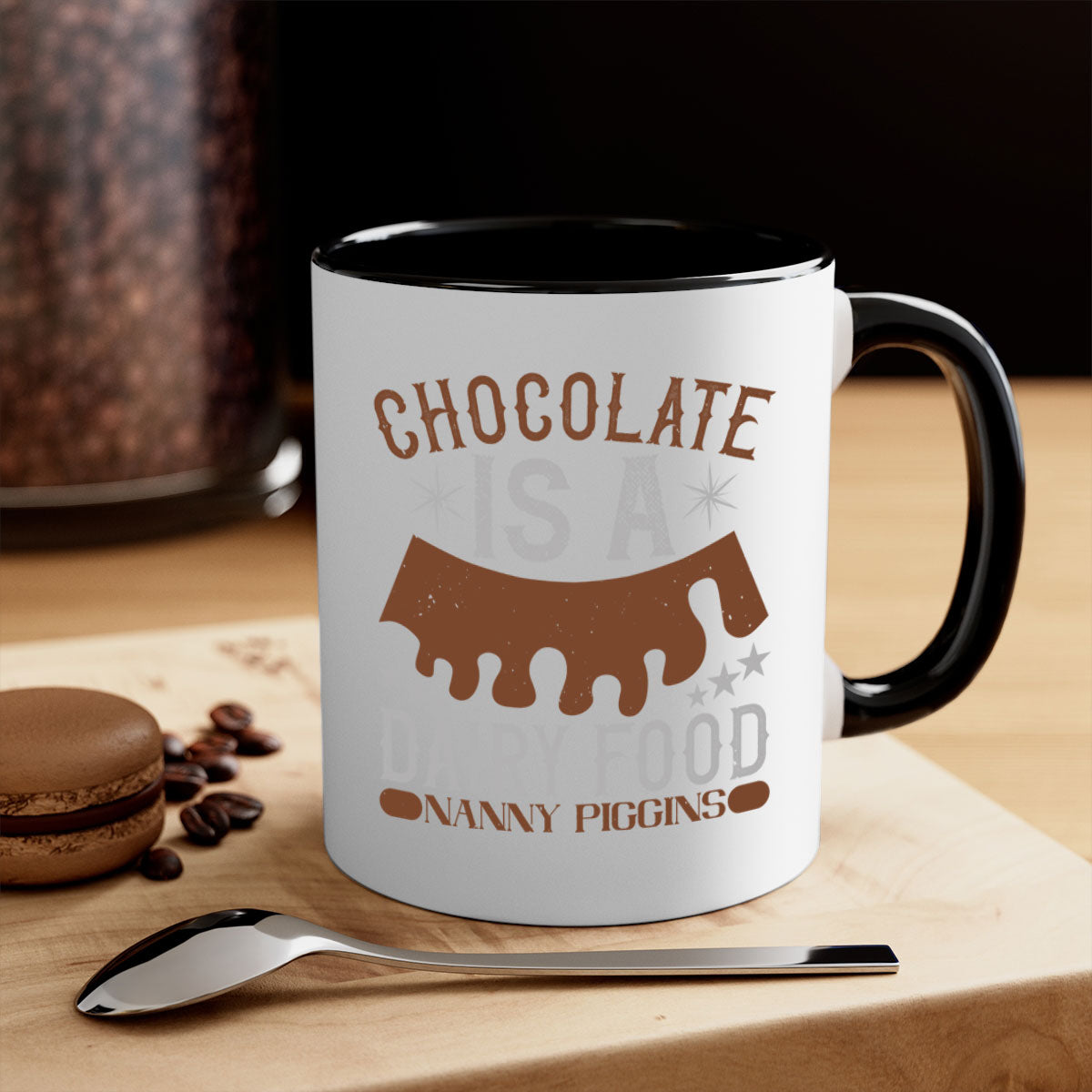 Chocolate is a Dairy Food Nanny Piggins Mug with a glossy finish and colorful handle, perfect for coffee or tea.