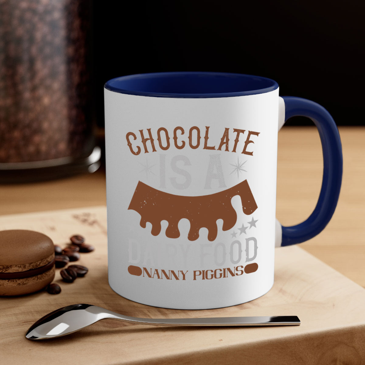 Chocolate is a Dairy Food Nanny Piggins Mug with a glossy finish and colorful handle, perfect for coffee or tea.