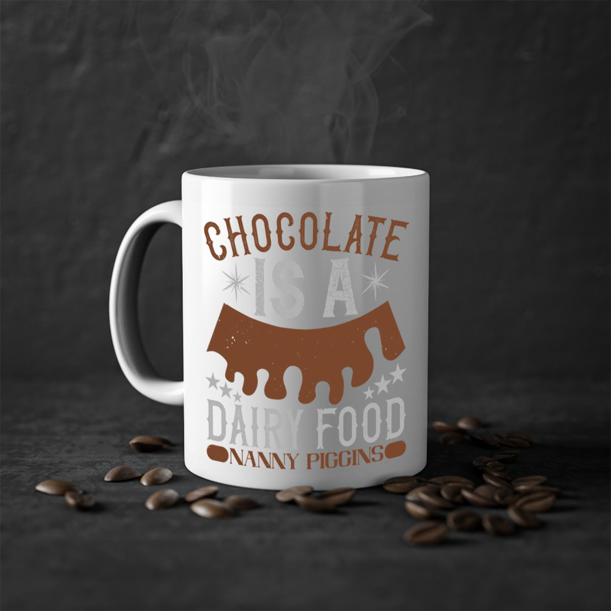 Chocolate is a Dairy Food Nanny Piggins Mug with a glossy finish and colorful handle, perfect for coffee or tea.