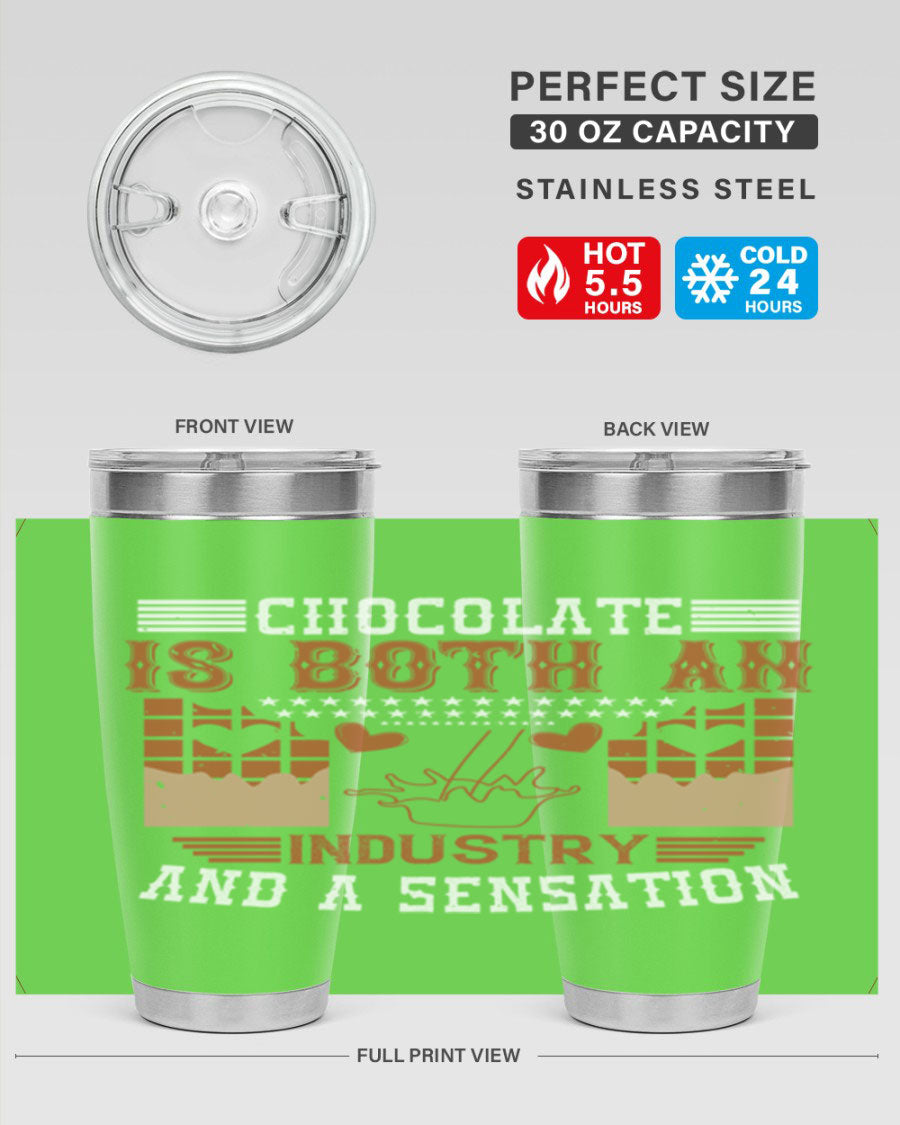 Chocolate-themed 20oz stainless steel tumbler with double wall vacuum insulation and drink-thru lid, perfect for hot and cold beverages.
