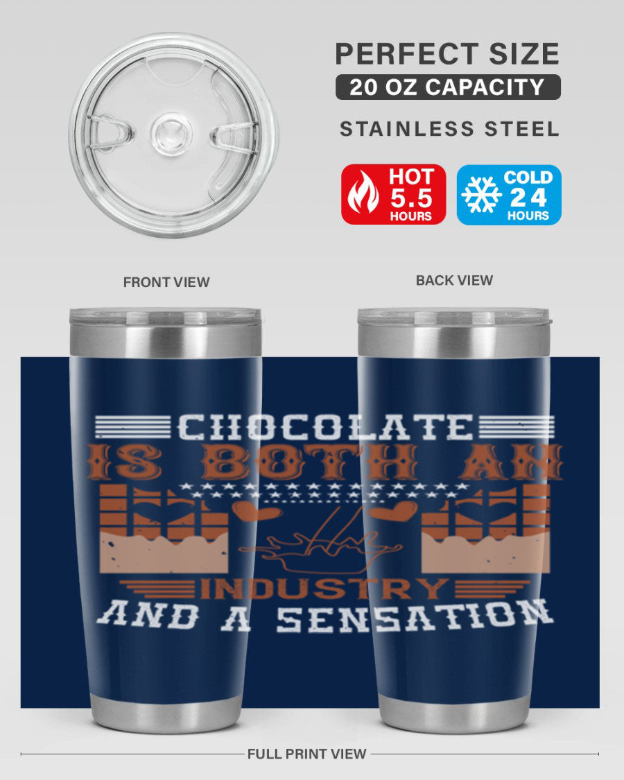 Chocolate-themed 20oz stainless steel tumbler with double wall vacuum insulation and drink-thru lid, perfect for hot and cold beverages.