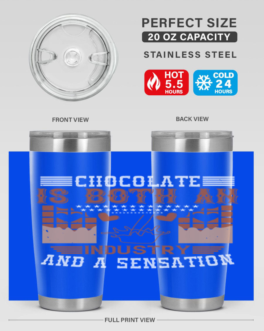 Chocolate-themed 20oz stainless steel tumbler with double wall vacuum insulation and drink-thru lid, perfect for hot and cold beverages.
