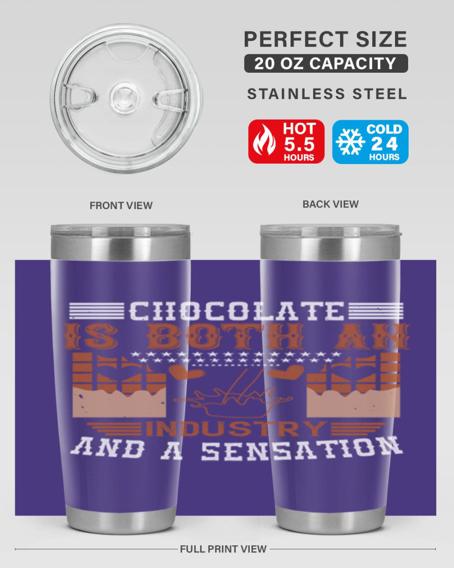Chocolate-themed 20oz stainless steel tumbler with double wall vacuum insulation and drink-thru lid, perfect for hot and cold beverages.
