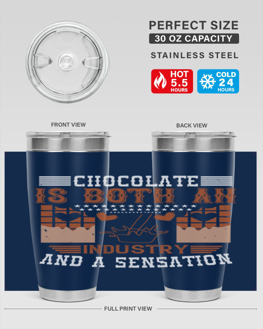 Chocolate-themed 20oz stainless steel tumbler with double wall vacuum insulation and drink-thru lid, perfect for hot and cold beverages.