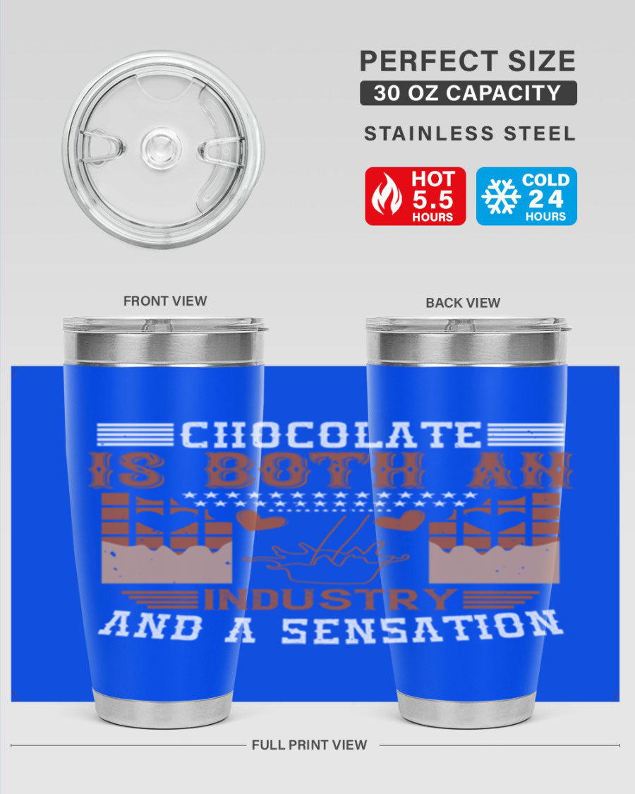 Chocolate-themed 20oz stainless steel tumbler with double wall vacuum insulation and drink-thru lid, perfect for hot and cold beverages.
