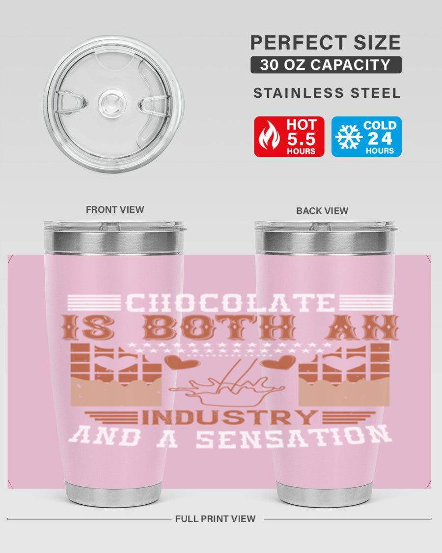 Chocolate-themed 20oz stainless steel tumbler with double wall vacuum insulation and drink-thru lid, perfect for hot and cold beverages.