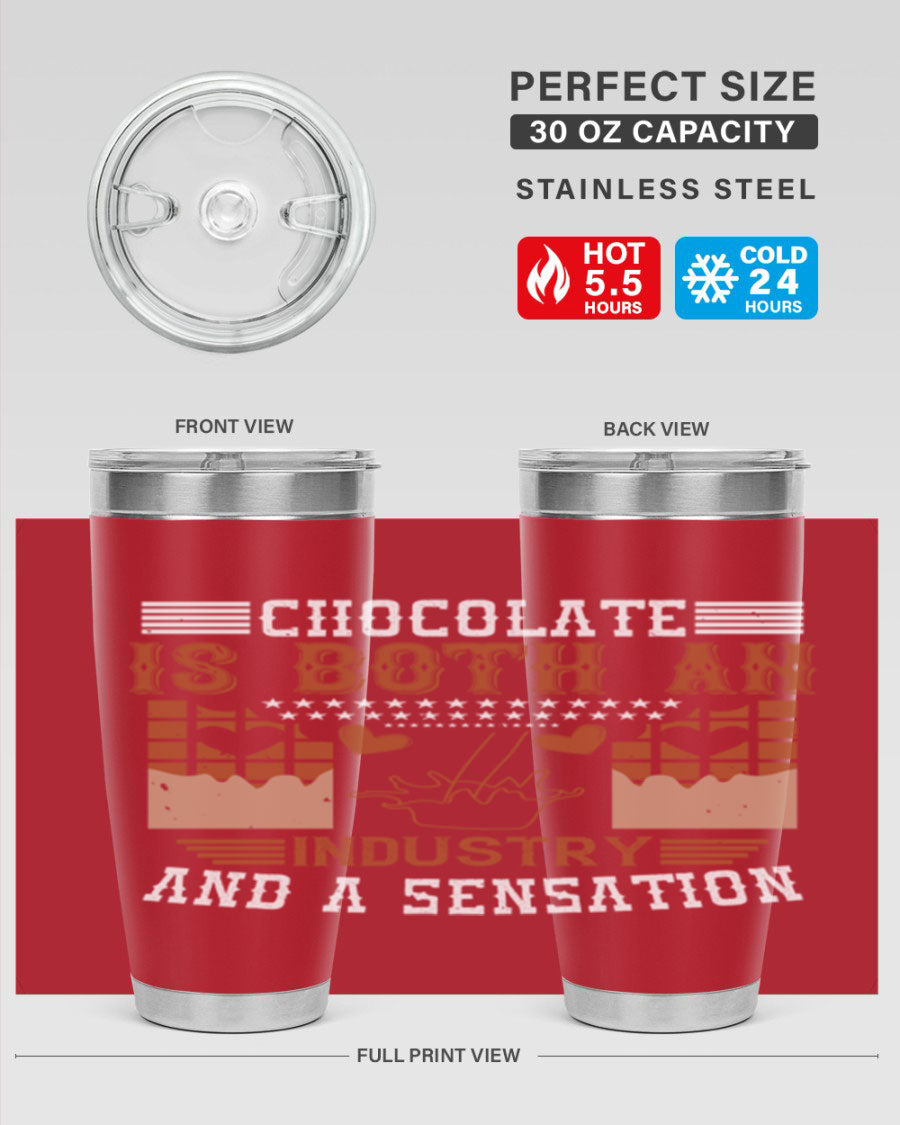 Chocolate-themed 20oz stainless steel tumbler with double wall vacuum insulation and drink-thru lid, perfect for hot and cold beverages.