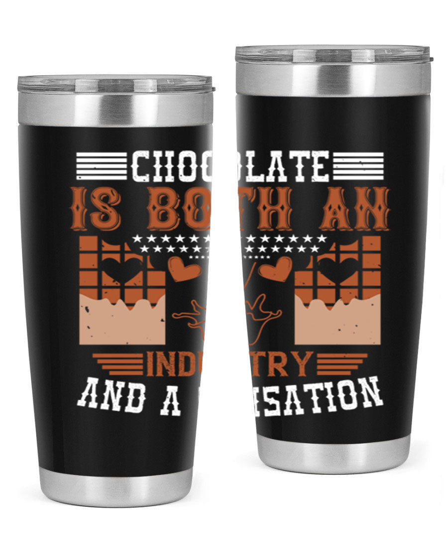 Chocolate-themed 20oz stainless steel tumbler with double wall vacuum insulation and drink-thru lid, perfect for hot and cold beverages.