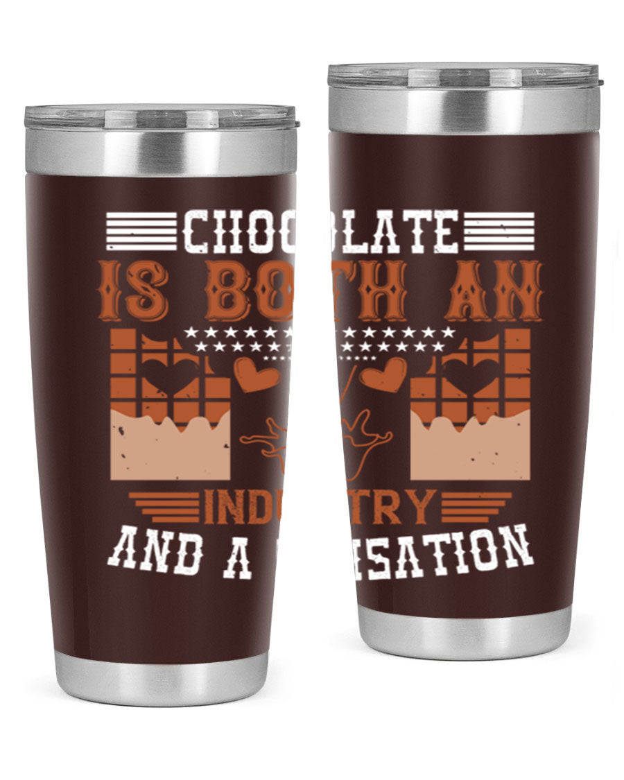 Chocolate-themed 20oz stainless steel tumbler with double wall vacuum insulation and drink-thru lid, perfect for hot and cold beverages.