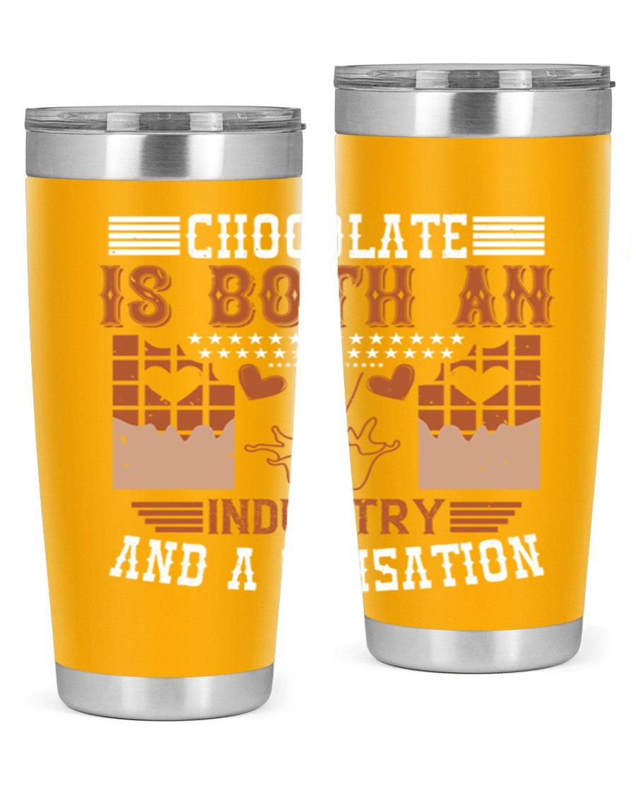 Chocolate-themed 20oz stainless steel tumbler with double wall vacuum insulation and drink-thru lid, perfect for hot and cold beverages.